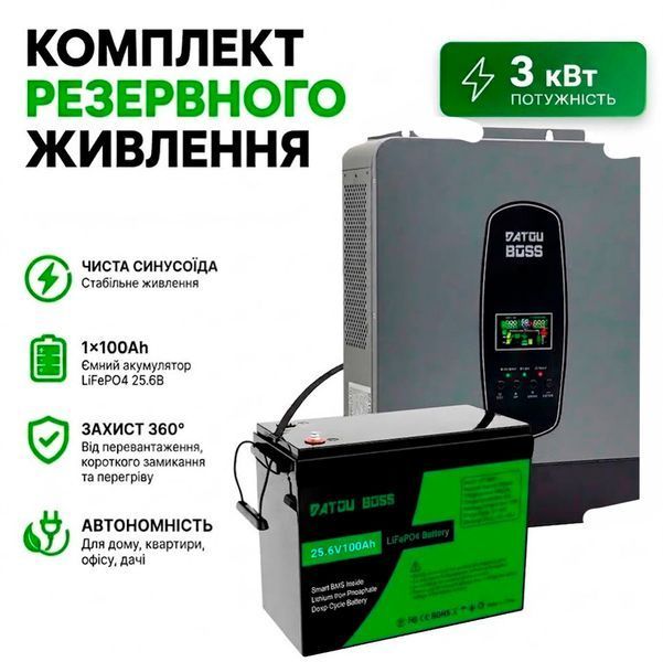 Готовий комплект автономного живлення: інвертор DATOUBOSS 3 кВт 24V та акумулятор LiFePO4 100Аг 117845 фото