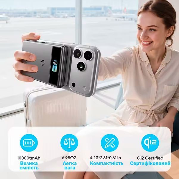 Магнітний павербанк Qi2 10000 мАг для iPhone 17/16/15/14/13 з дротовою 20W та бездротовою зарядкою 15W 117401 фото