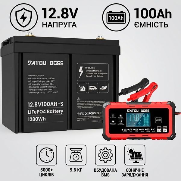 Комплект літій-залізо-фосфатної батареї DATOUBOSS 12V 100A з зарядним пристроєм 117855 фото