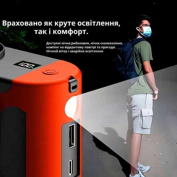 Вентилятор портативний 3в1 з ліхтариком і повербанком 10000 мАг USB / Type C з кліпсою Помаранчевий 117657 фото