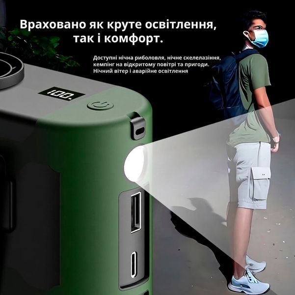 Вентилятор портативний 3в1 з ліхтариком і повербанком 10000 мАг USB / Type C з кліпсою Зелений 117656 фото