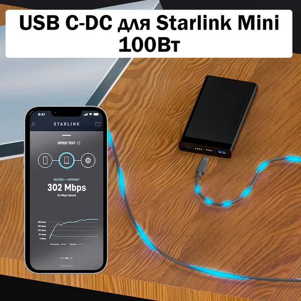 Кабель питания 3м Starlink Mini от Powerbank 100 Вт USB-C-DC5521 Водонепроницаемый Черный 116240 фото