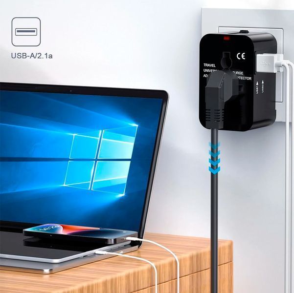 Адаптер дорожній HHT202 Мережевий перехідник з двома портами USB та захистом від перенапруги Універсальний 117675 фото