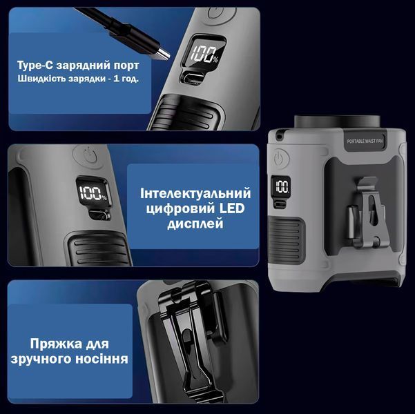 Вентилятор портативный 3в1 с фонариком и повербанком 10000 мАч Универсальный с клипсой Серый 116384 фото