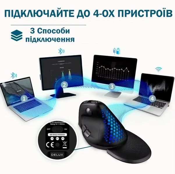 Мишка Бездротова Delux M618 XSD Seeker Bluetooth Анатомічна Вертикальна Ергономічна для ПК ноутбука Чорна 116054 фото