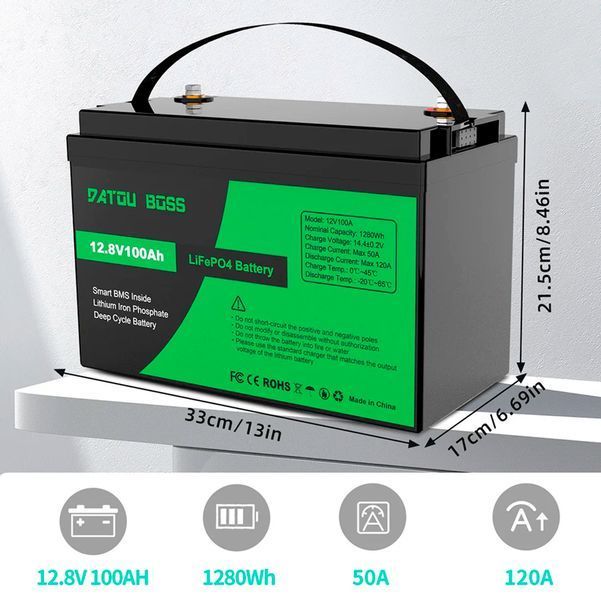 Набір Літій-залізо-фосфатна батарея 12V 100 Ah LiFePO4 з зарядкою 12V 15A - 24V 8A для сонячних систем та RV 117822 фото