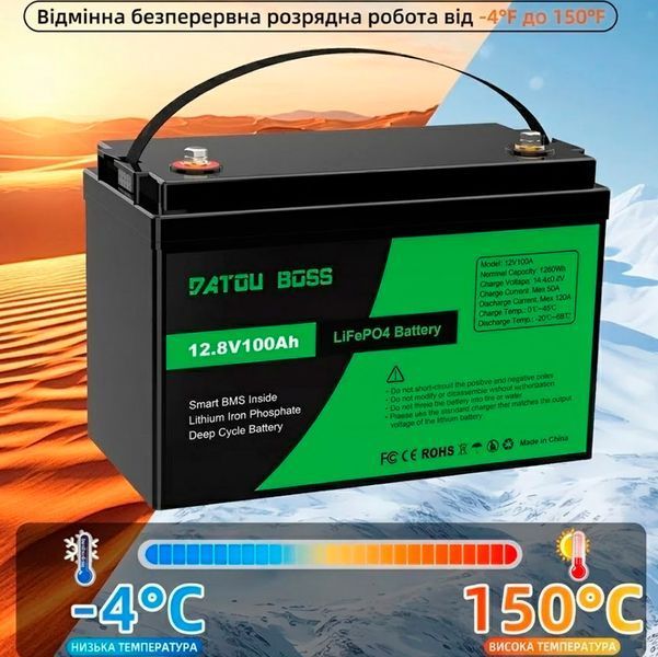 Набір Літій-залізо-фосфатна батарея 12V 100 Ah LiFePO4 з зарядкою 12V 15A - 24V 8A для сонячних систем та RV 117822 фото