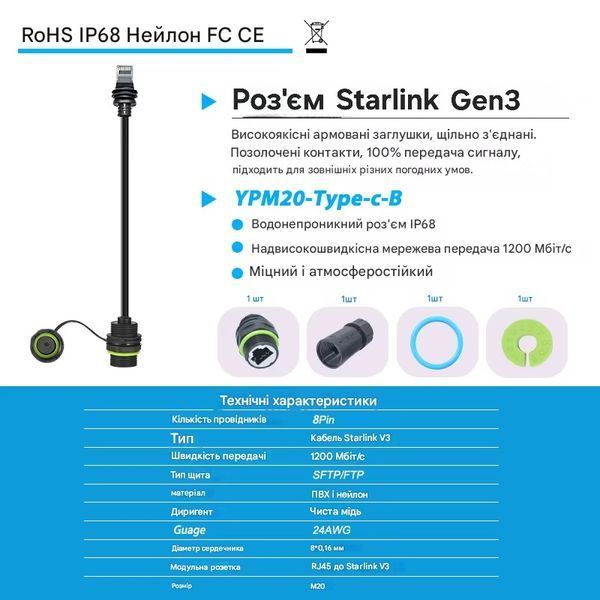 Адаптер Starlink Gen3 Водонепроникний міні-подовжувач кабелю Starlink до RJ45 116711 фото