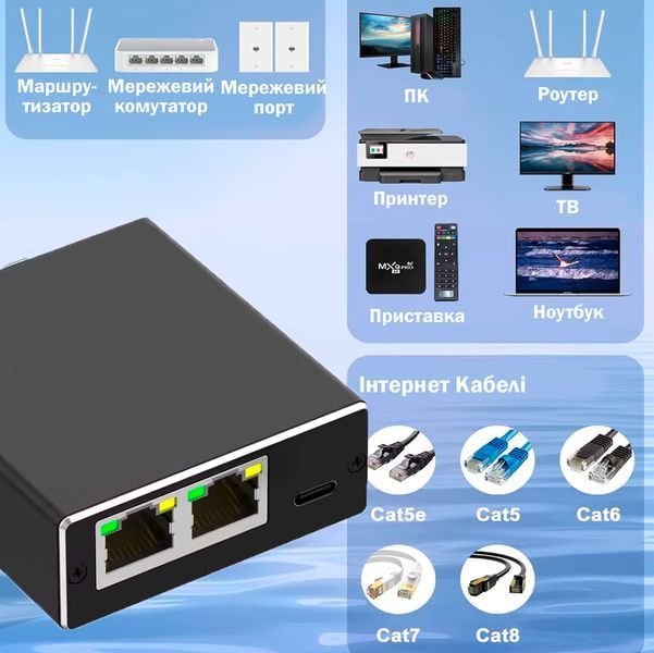 Мережевий Комутатор Розгалужувач на 3 порта RJ45 - 1 Гбіт/с Портативний Універсальний Чорний 116528 фото