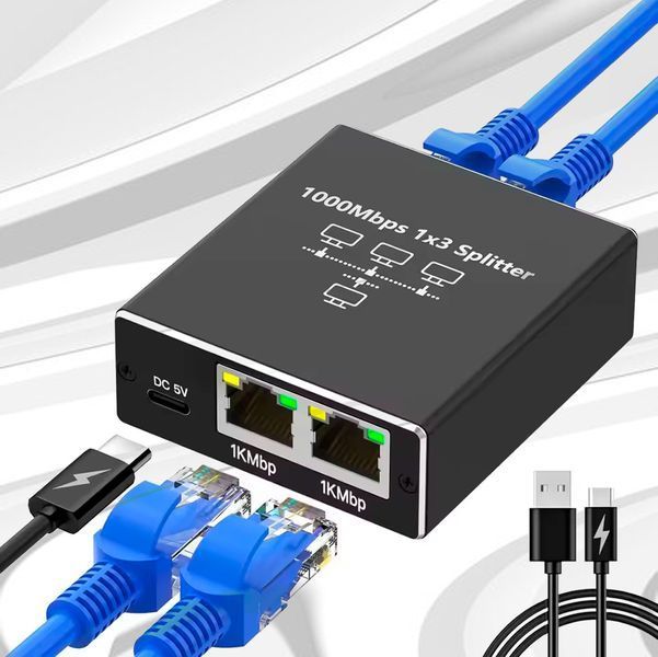 Мережевий Комутатор Розгалужувач на 3 порта RJ45 - 1 Гбіт/с Портативний Універсальний Чорний 116528 фото
