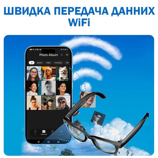 Смарт окуляри GS4 MAX Anti Blue Light з додатковими лінзами, камерою 8МП і 4K відеозаписом Чорні 117361 фото