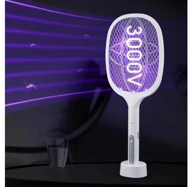 Електрична мухобойка акумуляторна від комах ракетка 3000 V Біла 115491 фото