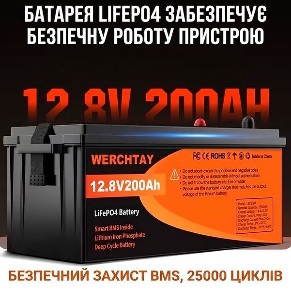 Акумулятор LiFePO4 WERCHTAY 12,8В 200Аг з вбудованою BMS для сонячних систем та ДБЖ 117842 фото