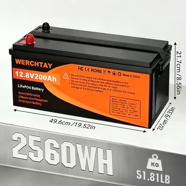 Акумулятор LiFePO4 WERCHTAY 12,8В 200Аг з вбудованою BMS для сонячних систем та ДБЖ 117842 фото